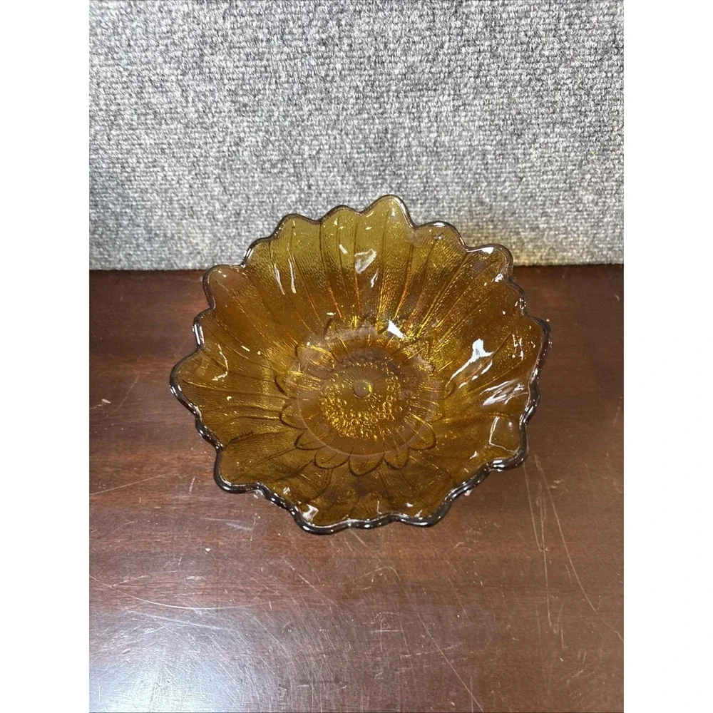 Vtg~Indiana Amber Glass~Lily Pons Sunflower~Bowl/Candy Dish